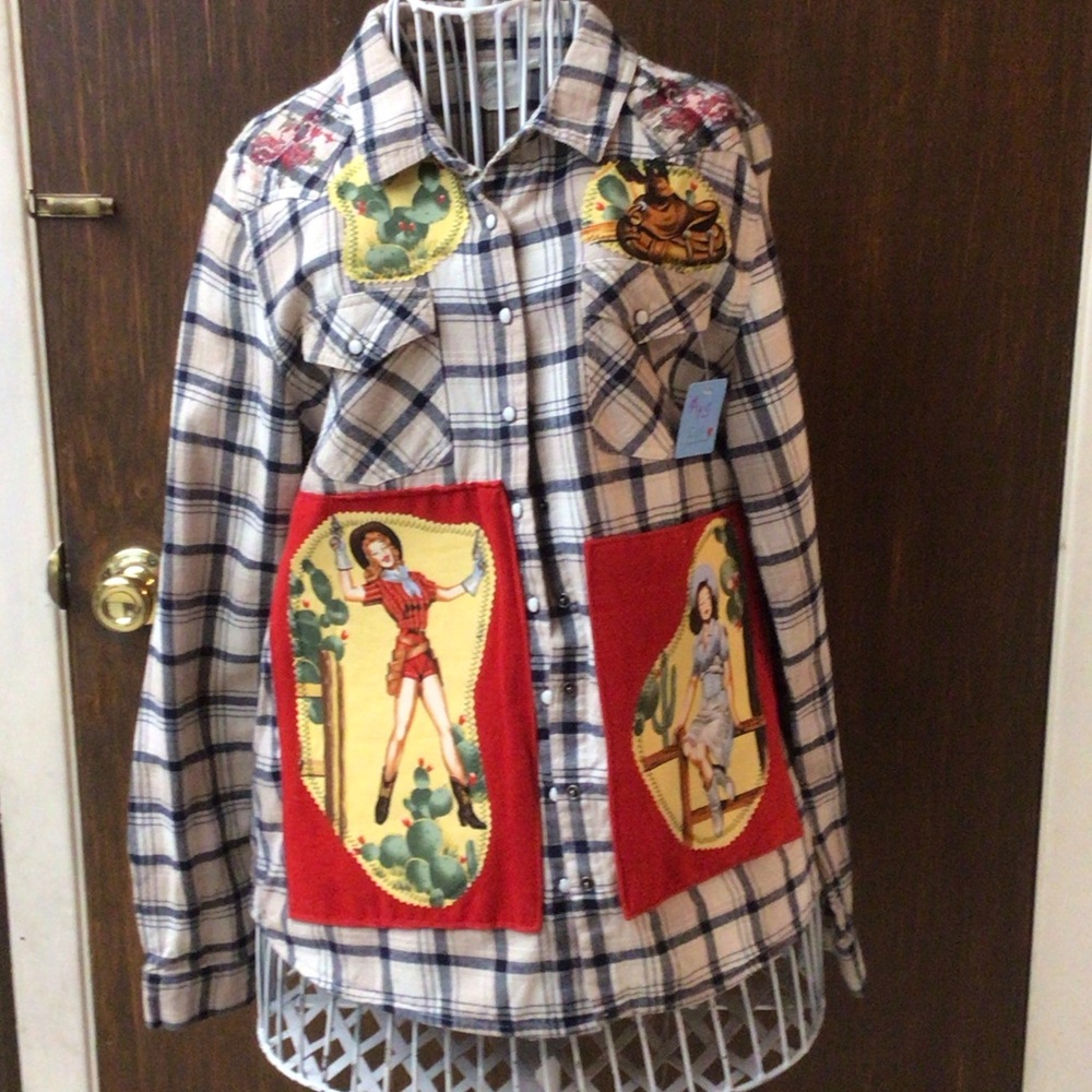 White Crow Plaid Button Down Shirt with Graphic Accents